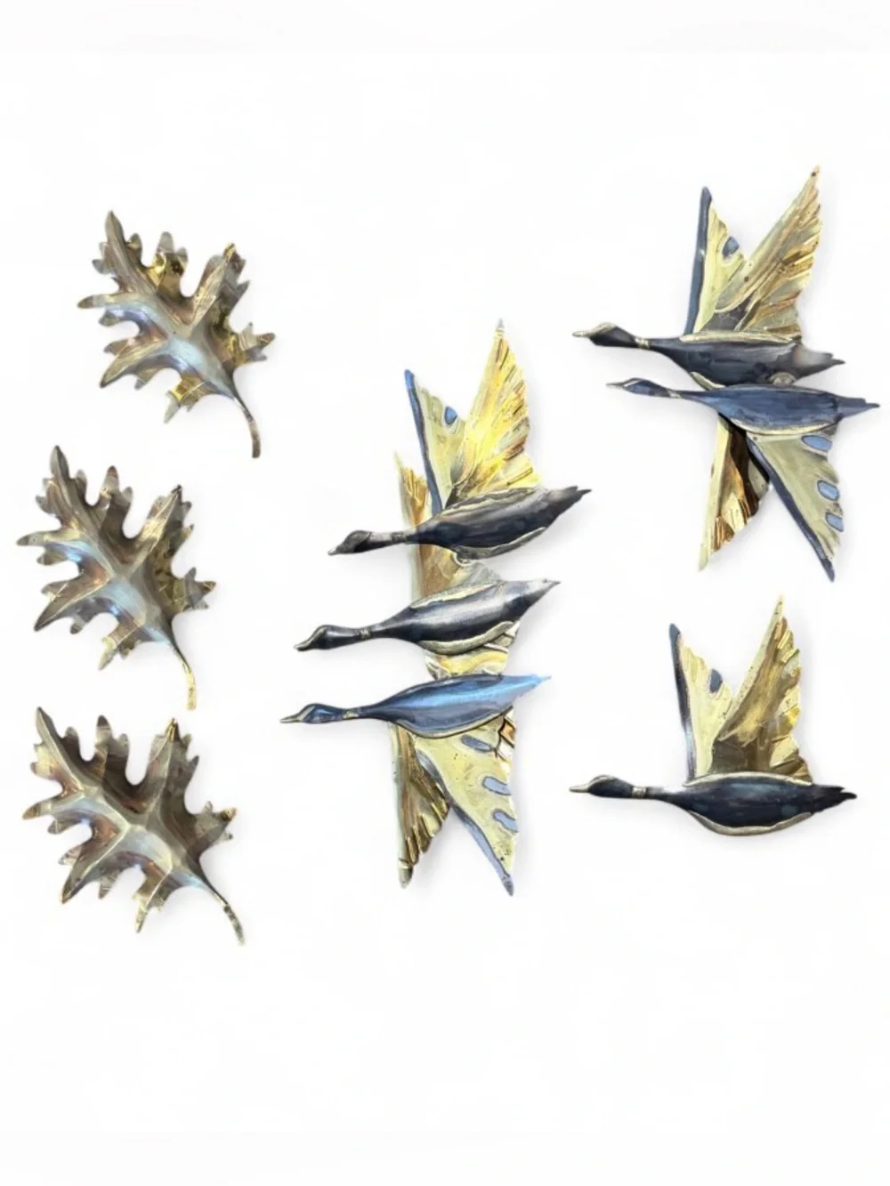 VTG 60s MCM Brutalist Mixed Metal Wall Art Set - 3 Flying Geese & 3 Oak Leaves